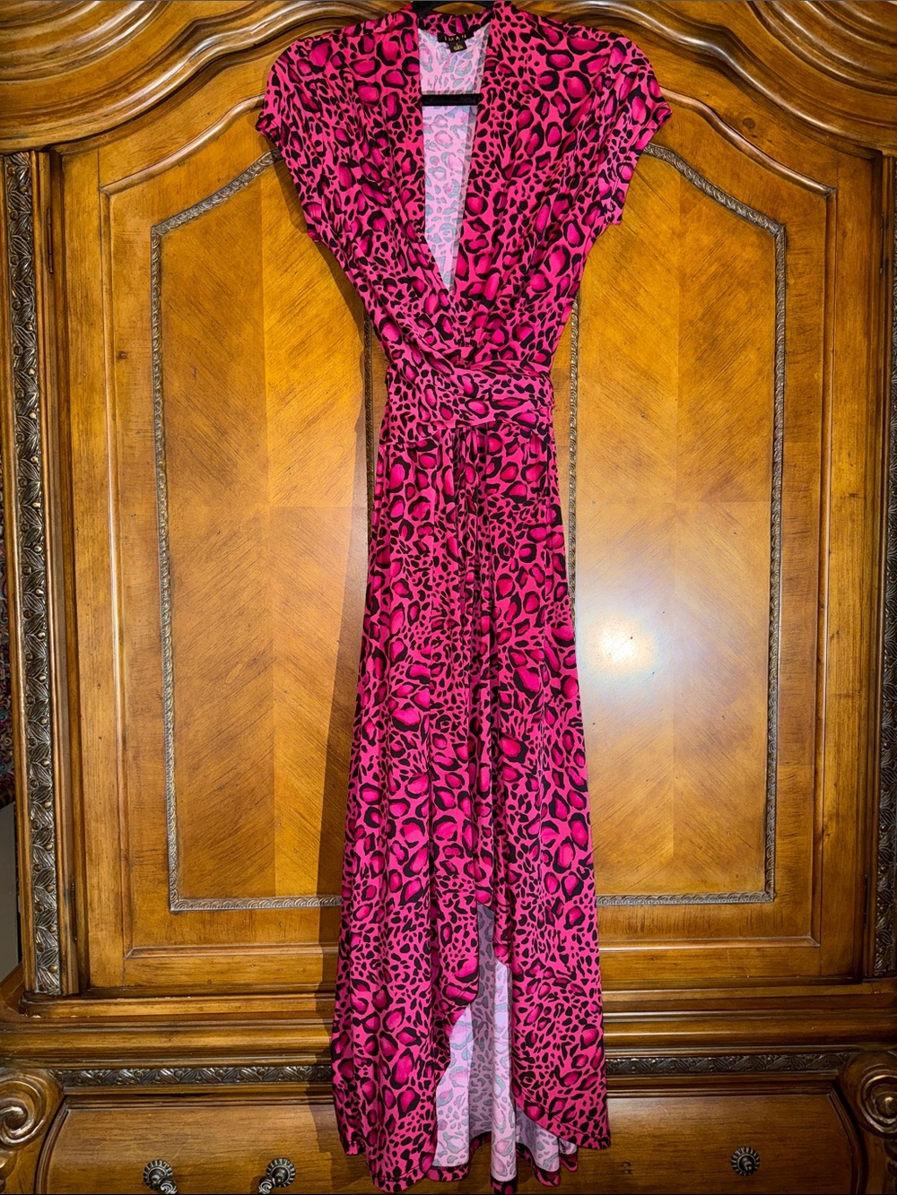 IMAN Hot Pink Leopard Print High-Low Wrap Dress